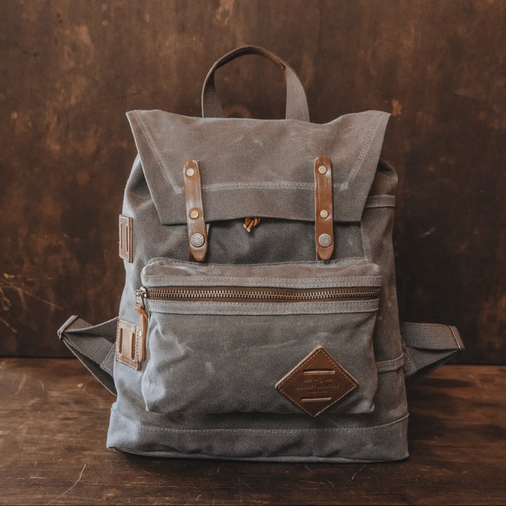 Bradley Mountain Muir Pack 13L waxed canvas backpack with leather details and front zip pocket
