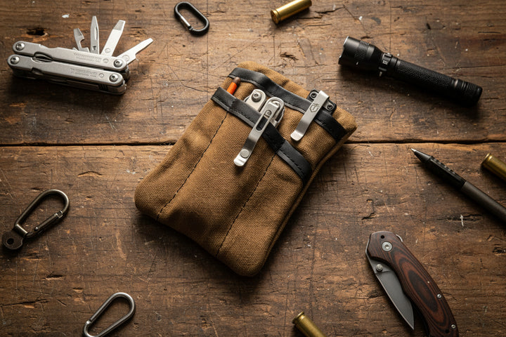 Broken Arrow Adventure Co. waxed canvas EDC pocket organizer with five pockets and zipper