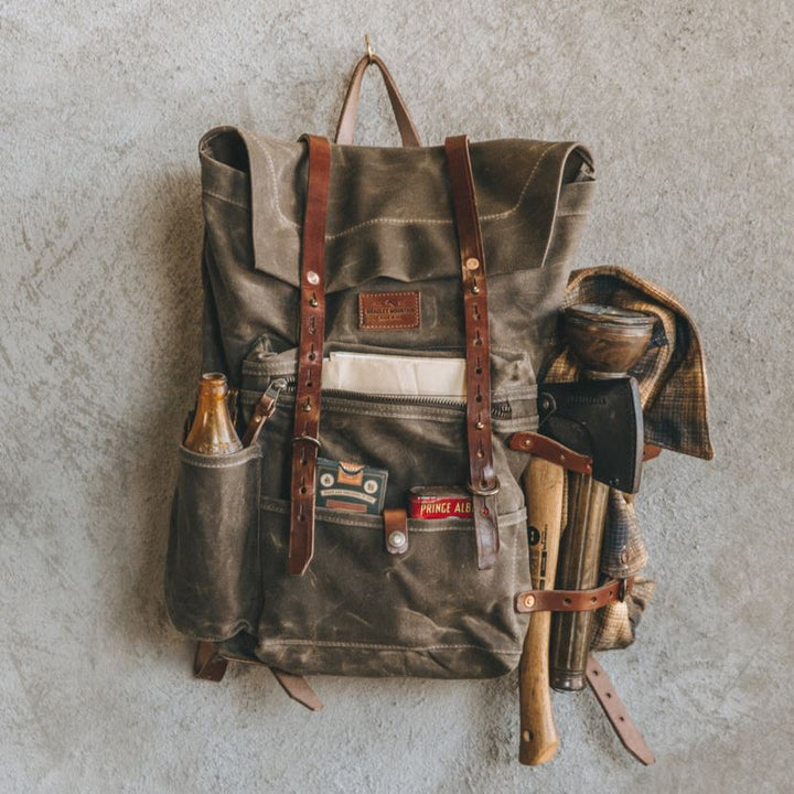 Bradley Mountain Wilder waxed canvas travel backpack with leather bottom and brass hardware