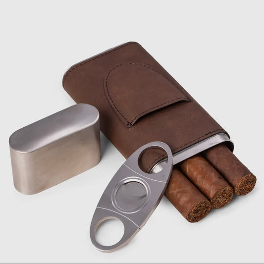 Harrison Leather & Steel Cigar Case with Cutter